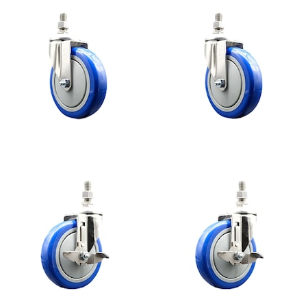 Service Caster 5 Inch 316SS Blue Polyurethane Swivel 12mm Threaded Stem Caster Brake, 2PK SS316TS20S514-PPUB-BLUE-M1215-2-TLB2